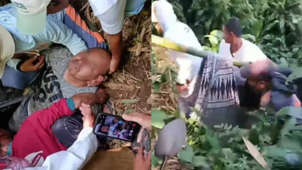 Tangkapan layar video saat Hendra alias Pedro dievakuasi warga dari jurang di Sukaraja Sukabumi. (Sumber Foto: Istimewa)