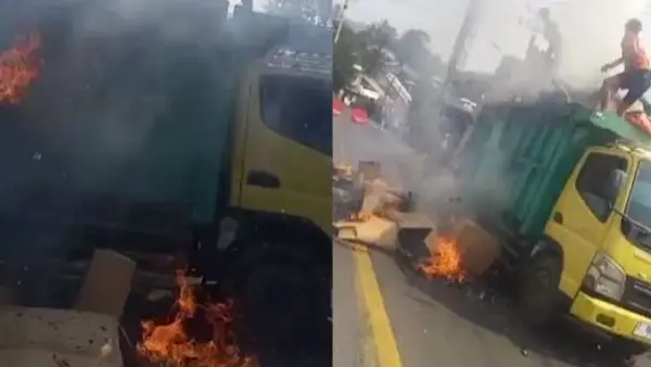 Truk muatan henger yang terbakar tepat di tanjakan Pamuruyan, Cidabak, Kabuapaten Sukabumi. (Sumber: Dok Warga)