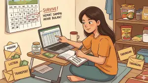 Ilustrasi anak kos sedang mengatur keuangan bulanan. (Sumber : Google Gemini/AI)
