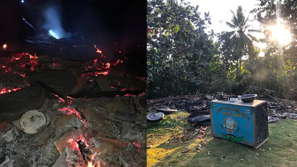 Kondisi bangunan Sanggar Cepet Laras Sekar di Kampung Cigelang, Desa Gunung Batu, Kecamatan Ciracap, Kabupaten Sukabumi, yang ludes terbakar pada Jumat (12/6/2026) dini hari.