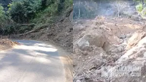 Kondisi di lokasi longsoran tebing di kawasan Hutan Lindung Cipeucang, ruas jalan Tamanjaya–Palangpang, Desa Mekarsakti, Kecamatan Ciemas, Kabupaten Sukabumi, Jumat (12/6/2026). (Sumber : SU/Ragil Gilang)