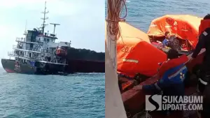 Momen evakuasi seluruh ABK Kapal pengangkut batu bara yang karam di perairan Tegalbuleud Sukabumi, Minggu (14/6/2026). (Sumber Foto: Tangkapan layar video/Istimewa)