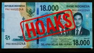 Hoaks uang pecahan Rp18.000 yang menampilkan foto Presiden Prabowo Subianto dan Wakil Presiden Gibran Rakabuming Raka. (Sumber Foto: Medsos/AI)