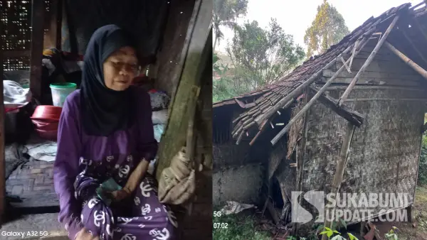 Mak Mimin (60 tahun), warga Kampung Cinangka, Desa Cimerang, Kecamatan Purabaya, Kabupaten Sukabumi, hidup seorang diri di rumah tidak layak huni yang nyaris roboh dan bocor saat hujan | Foto : Ragil Gilang