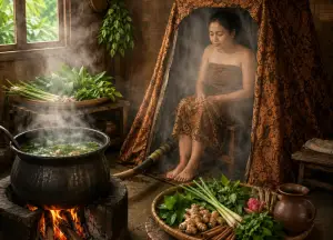 Ilustrasi - Leuhang atau sauna tradisional Sunda yang memanfaatkan uap panas dari rebusan tanaman obat (Sumber : AI chatGPT)