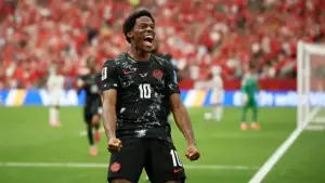 Selebrasi Jonathan David setelah mencetak gol ke gawang Qatar (Sumber: web/bbc.com)
