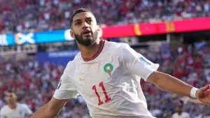 Selebrasi Ismael Saibari setelah berhasil mencetak gol untuk Maroko ke gawang Skotlandia (Sumber: web/bbc.com)