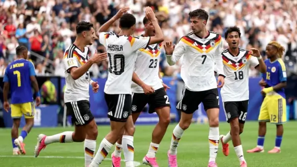 Perayaan para pemain Jerman setelah berhasil mencetak gol ke gawang Curacao di Piala Dunia 2026 (Sumber: web/espn.com)