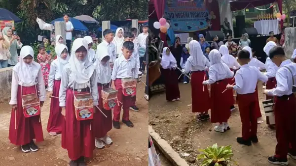 Potret siswa SDN Tegallega, Jampangtengah, Sukabumi saat memainkan alat musik drumband dari kaleng khong guan. (Sumber: Dok Warga)