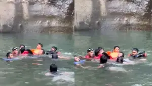 Tangkapan layar petugas saat melakukan evakuasi korban tenggelam di Curug Larangan, Ciemas, Sukabumi. Minggu (21/6/2026). (Sumber: Dok Warga)