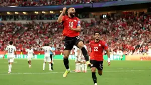 Selebrasi M. Salah setelah berhasil mencetak gol untuk Mesir saat menghadapi Selandia Baru di Piala Dunia 2026. (Sumber: web/bbc.com)