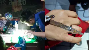 Petugas Damkar Sukaraja saat evakuasi cincin di jari warga yang tidak bisa dilepas. (Sumber: Istimewa)