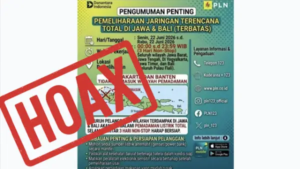 Pemadaman Listrik selama 3 hari dari PLN adalah hoaks. (Sumber : Istimewa.).