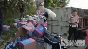 Kondisi truk boks muatan air mineral terguling di jalur Lingkar Selatan Cisaat Sukabumi. (Sumber Foto: Istimewa)