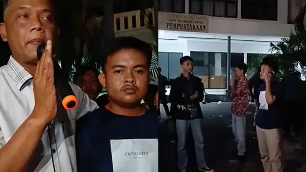 Ketua BEM FH UBK, Muhammad Abdi saat klarifikasi di depan Patung Bung Karno, Kampus Kimia UBK, Jakarta Pusat, Senin (22/6/2026).. (Sumber : Instagram/@marhaenpress).