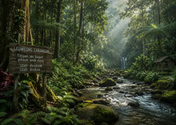 Ilustrasi - Leuweung ruksak, cai beak, manusa balangsak, adalah ungkapan yang mencerminkan bagaimana leluhur Sunda sangat mengerti pentingnya keberadaan hutan bagi kelangsungan hidup (Sumber : AI chatGPT)