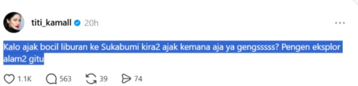 Threads Titi Kamal minta rekomendasi tempat wisata di Sukabumi untuk liburan bersama anak-anaknya