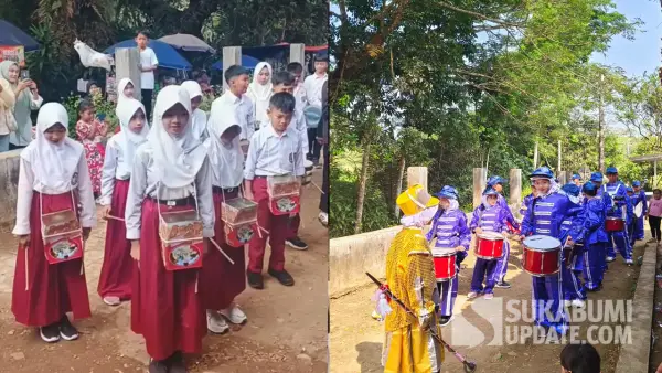 Siswa SDN Tegalega, Kecamatan Jampangtengah, Kabupaten Sukabumi, saat memainkan marching band dari Presiden melalui Kementerian Sekretariat Negara | Foto : Ragil Gilang