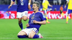 Selebrasi Daizen Maeda setelah berhasil mencetak gol ke gawang Swedia (Sumber: Instagram/@japanfootballassociation)