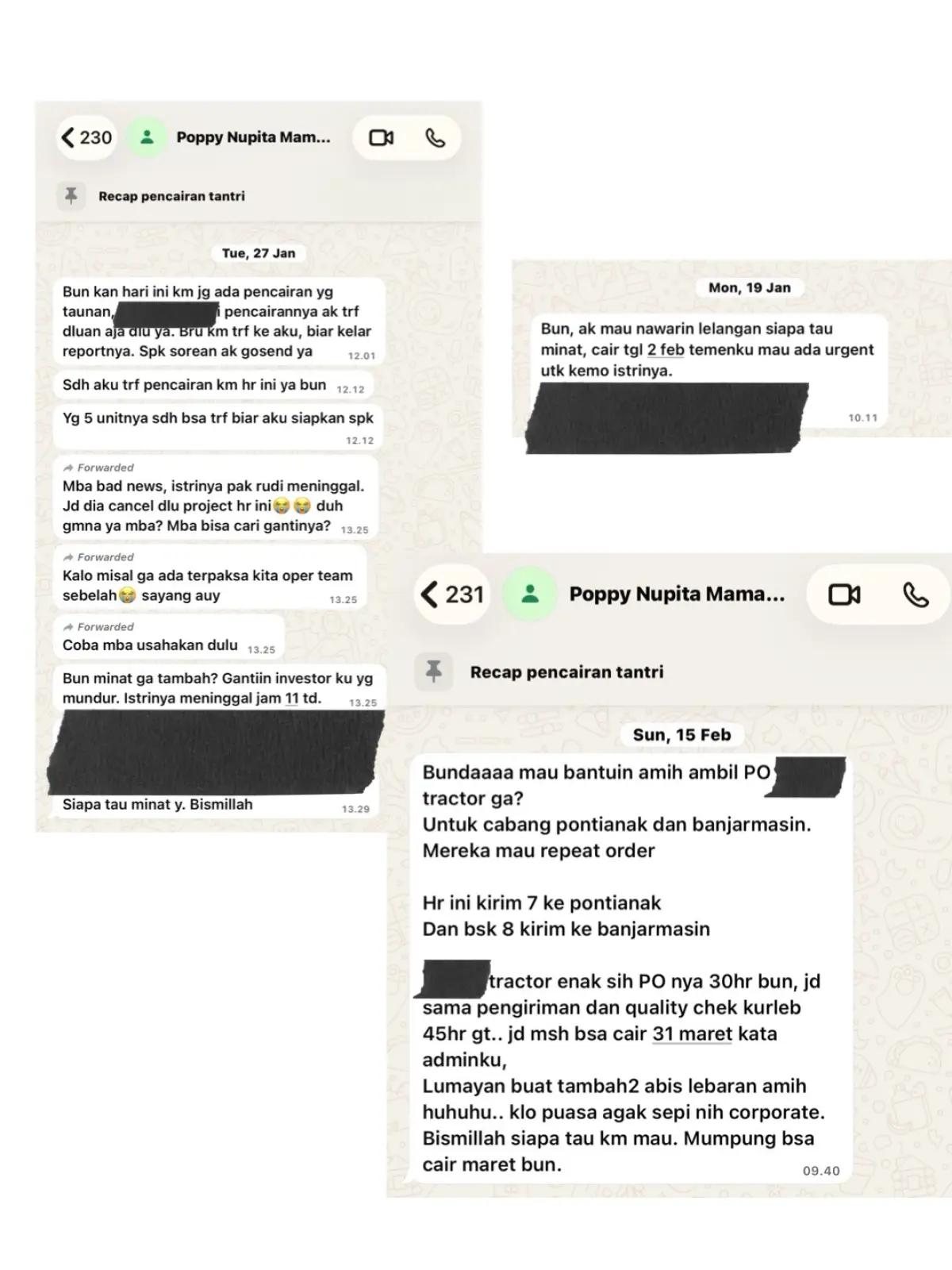 bukti chat antara Tantri Kotak dengan Poppy Nupitasari yang mengajaknya investasi