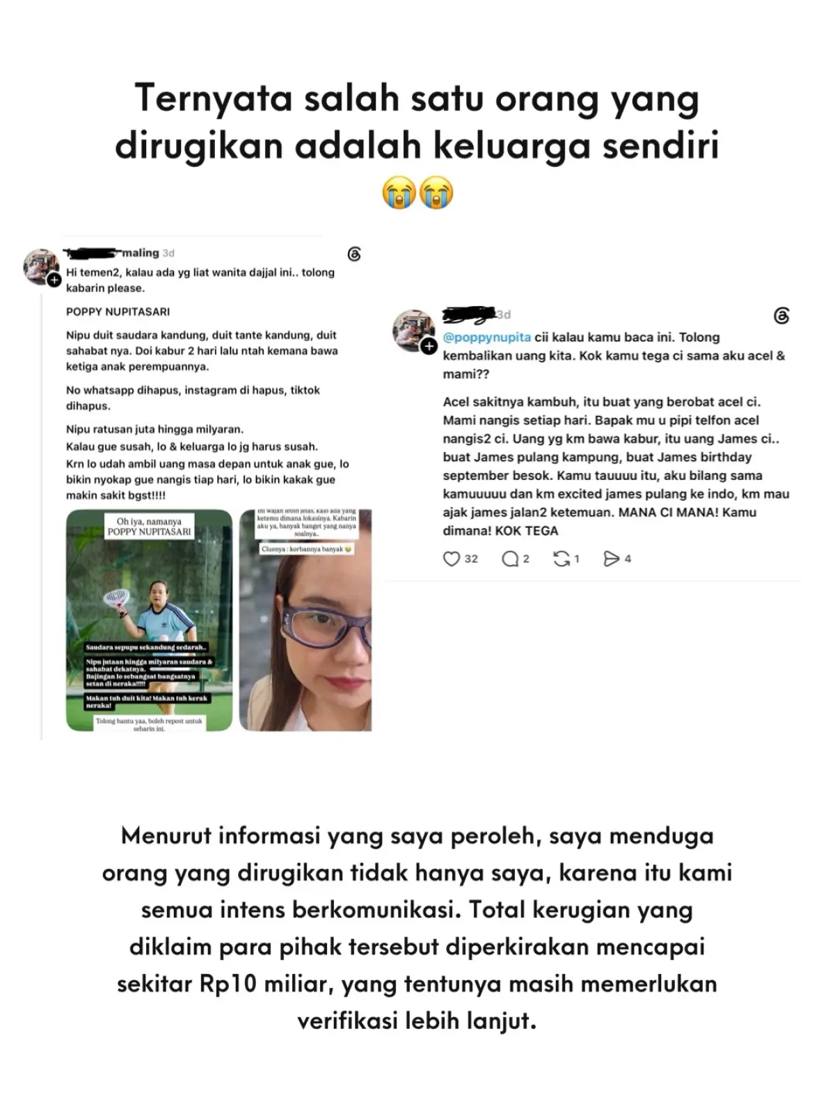 bukti dari orang terdekat Poppy yang juga menjadi korban penipuannya