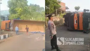 Truk bermuatan gula pasir terguling hingga tutup jalan di tanjakan Lio Santa, Kecamatan Citamiang, Kota Sukabumi, Senin (29/6/2026). (Sumber Foto: Istimewa)