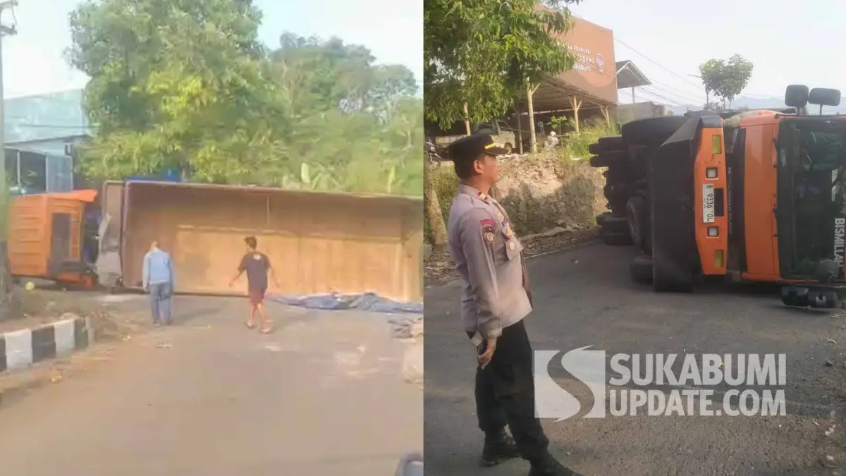 Truk Angkut 15 Ton Gula Terguling Tutup Jalan Lio Santa Sukabumi, Sopir dan Kernet Terluka