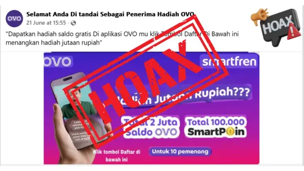 Hoax hadiah saldo gratis di aplikasi OVO. (Sumber Foto: Facebook)