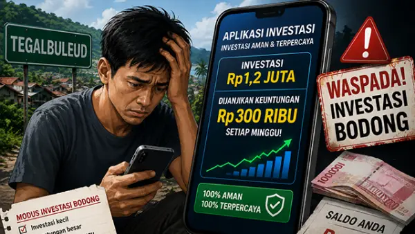 Ilustrasi warga Tegalbuleud Kabupaten Sukabumi yang diduga tertipu aplikasi investasi bodong. (Sumber : AI/ChatGPT).