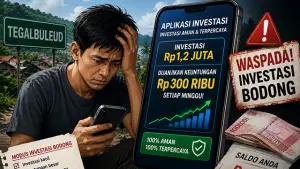 Ilustrasi warga Tegalbuleud Kabupaten Sukabumi yang diduga tertipu aplikasi investasi bodong. (Sumber : AI/ChatGPT).