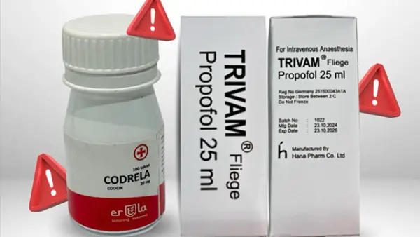 Dua obat palsu Codrela dan Triviam Fliege yang ditemukan BPOM beredar di pasaran. (Sumber : BPOM).