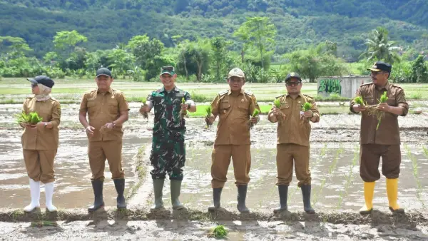 Kepala Dinas Pertanian Kabupaten Sukabumi Aep Majmudin mendampingi Bupati Asep Japar saat menanam padi | Foto : Dok. Distan