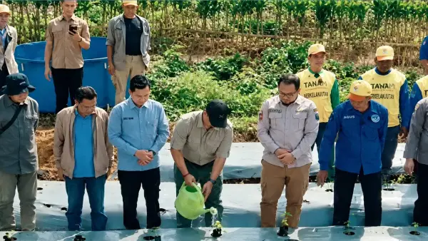 Kepala Dinas Perkim Sendi Apriadi saat Penanaman Perdana Masyarakat Petani di Desa Sudajaya Girang, Kecamatan Sukabumi, Kamis (2/7/2026) | Foto : dok disperkim