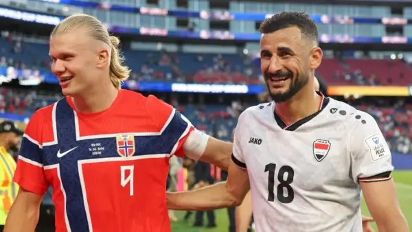 Aymen Hussein dan Erling Haaland setelah laga Norwegia menghadapi Irak di Piala Dunia 2026 (Sumber: Instagram/@aymanhussen9)