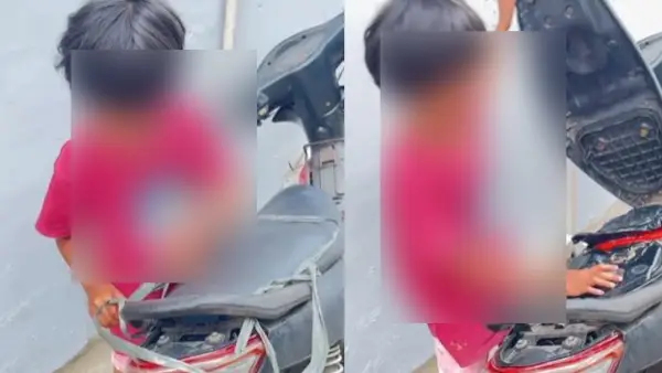 Seorang anak perempuan yang kedapatan membuka jok motor dan diduga menghirup bensin di Kota Sukabumi. (Sumber: Istimewa)