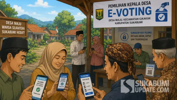 Ilustrasi warga sedang pemilihan kepala desa dengan elektronik voting (e-voting) | Foto : ChatGPT/Sukabumiupdate