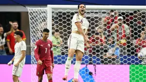 Selebrasi Mikel Merino setelah mencetak gol ke gawang Portugal di Piala Dunia 2026 (Sumber: web/reuteus.com)