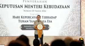 Fadli Zon saat memberikan sambutan dalam acara penyerahan Kepmen Kebudayaan Nomor 135 Tahun 2026 tentang penetapan Hari Kepercayaan terhadap Tuhan Yang Maha Esa. (Sumber Foto: Kementerian Kebudayaan)