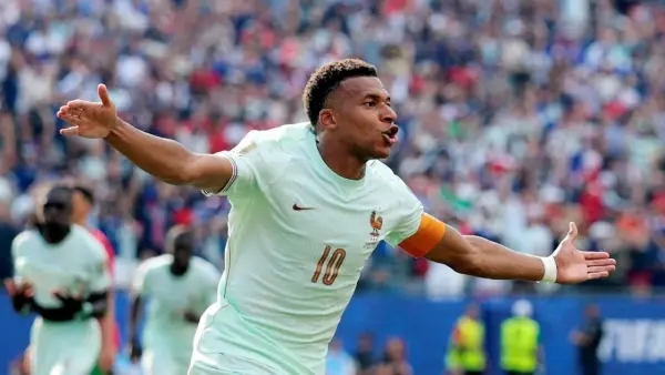 Selebrasi Kylian Mbappe setelah mencetak gol ke gawang Maroko di Piala Dunia 2026 (Sumber: web/reuteus.com)