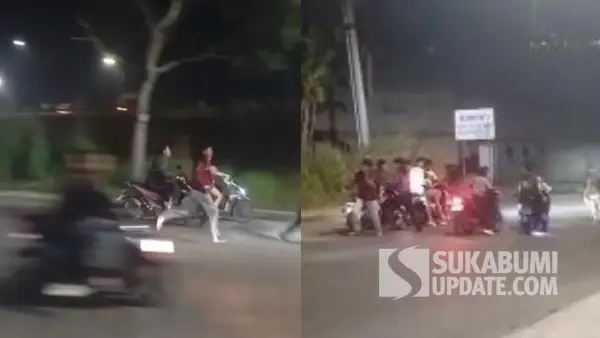 Tangkapan layar video viral aksi diduga tawuran antarkelompok bermotor di bawah Flyover Cibeureum, Jalur Lingkar Selatan Kota Sukabumi. (Sumber Foto: Istimewa)