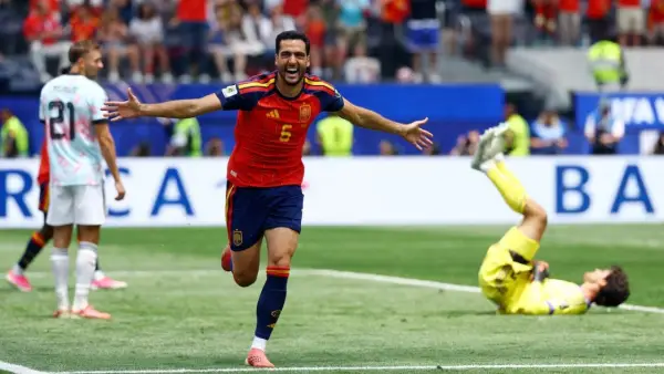 Selebrasi Mikel Merino setelah menjadi penentu kemenangan Spanyol atas Belgia di Piala Dunia 2026 (Sumber: web/reuteus.com)