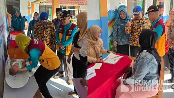 Petugas kesehatan memberikan pelayanan kepada bayi, balita, ibu hamil, dan lansia saat Gebyar Posyandu di Posyandu Edelweis, Desa Berekah, Kecamatan Bojonggenteng, Kabupaten Sukabumi, Jumat (10/7/2026). (Sumber Foto: Istimewa)