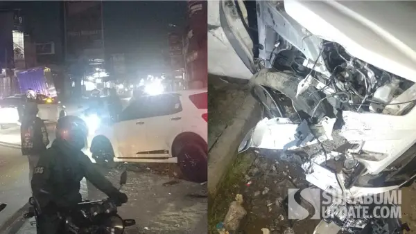 Kecelakaan adu banteng melibatkan mobil Toyota Raize dan Truk boks terjadi di Cisaat Sukabumi pada Rabu subuh (15/7/2026). (Sumber Foto: Istimewa)