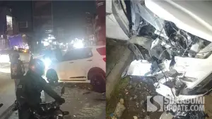 Kecelakaan adu banteng melibatkan mobil Toyota Raize dan Truk boks terjadi di Cisaat Sukabumi pada Rabu subuh (15/7/2026). (Sumber Foto: Istimewa)