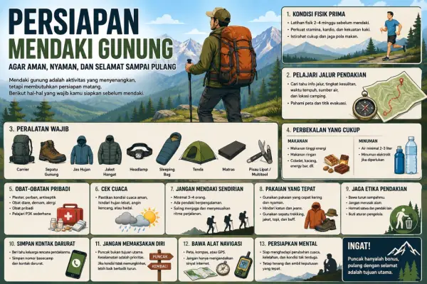 Ilustrasi - Beberapa hal yang perlu dipersiapkan dan dibawa saat melakukan pendakian gunung (Sumber : AI chatGPT)