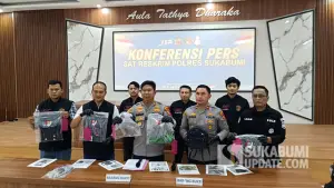 Konferenis Pers Sat Reskrim Polres Sukabumi pengungkapan kasus pembunuhan Eka Maryani alias Yani (33). (Sumber : SU/Ilyas).
