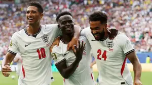 Selebrasi Bukayo Saka setelah mencetak hattrick ke gawang Prancis di perebutan juara 3 Piala Dunia 2026 (Sumber: web/bbc.com)
