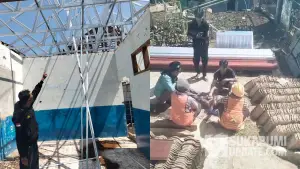 Foto lokasi pekerja bangunan tersengat listrik hingga terjatuh dari atap di Purabaya Sukabumi dan foto saat korban dievakuasi. (Sumber Foto: Istimewa)