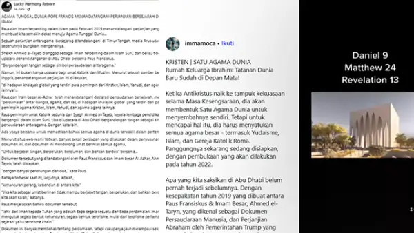 Unggahan narasi yang mengklaim Paus Fransiskus dan Imam Besar Al-Azhar Sepakati Satu Agama Dunia (Sumber : Istimewa.)