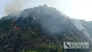 Kebakaran melalap puncak Gunung Pangleseran Cisolok Sukabumi, Senin (27/7/2026). (Sumber Foto: Istimewa)